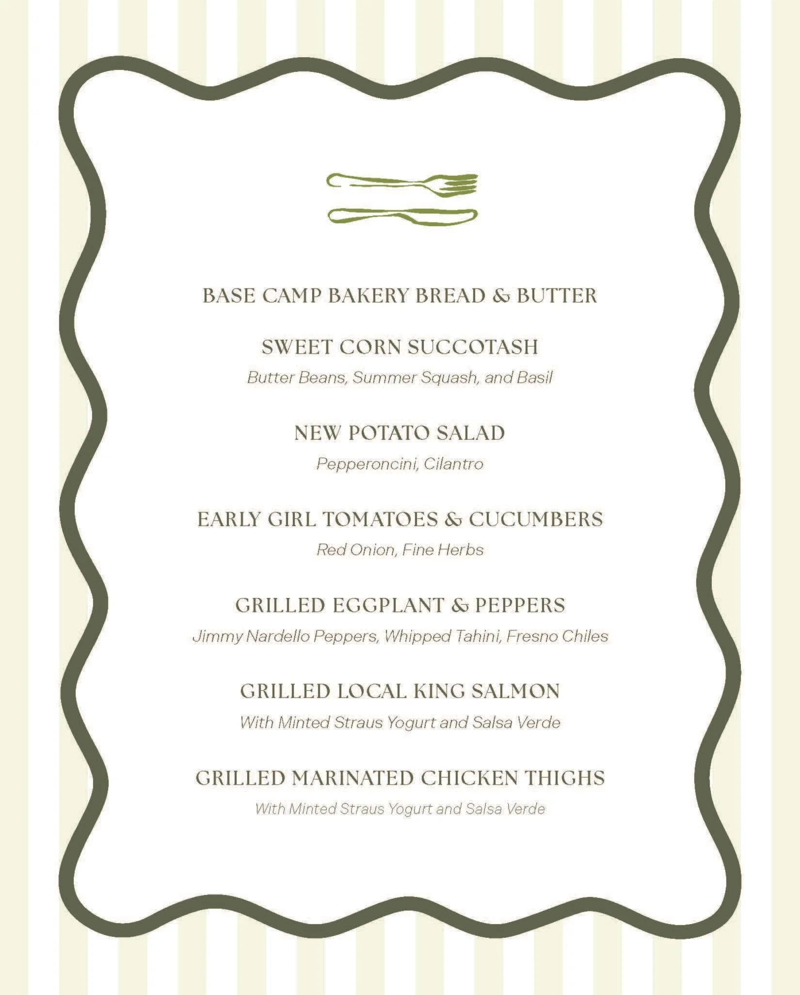 Menu with a fork and knife illustration at the top, list of food items including bread, sweet corn succotash, potato salad, tomatoes and cucumbers, eggplant and peppers, grilled salmon, chicken thighs, and a background with vertical beige stripes.