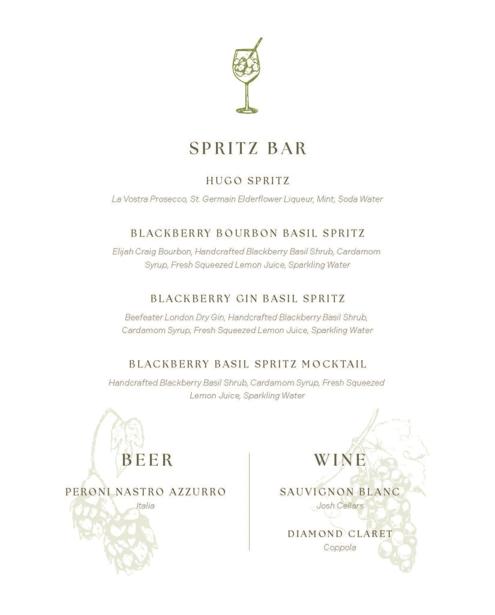 Menu for a spritz bar featuring cocktails with blackberry and basil, beer options including Peroni Nastro Azzurro, and wines such as Sauvignon Blanc and Diamond Claret.