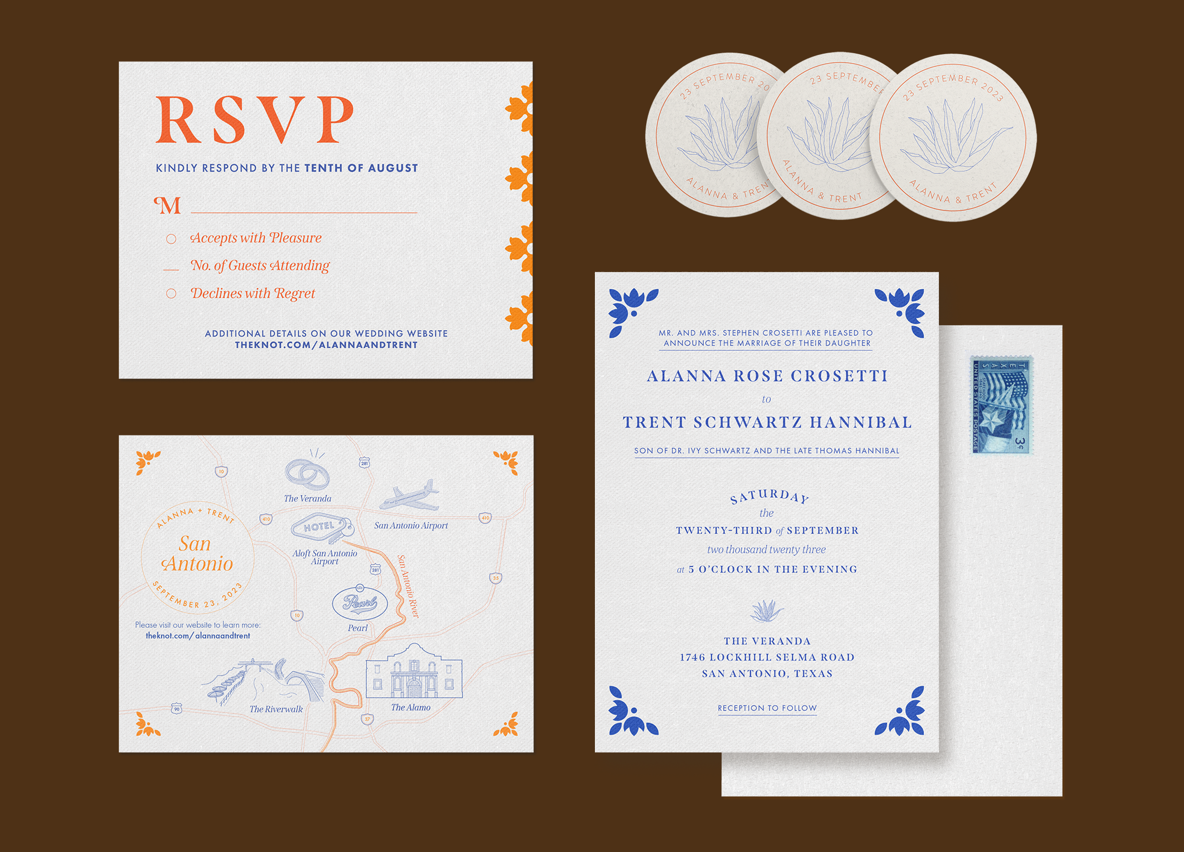 Wedding invitation suite including an RSVP card, a map, an event details card, and three round table cards with lasercut edges. The RSVP card is white with orange and blue text and floral accents. The map shows San Antonio, Texas, with landmarks and highways. The main event details card features blue floral accents and text, including date, time, and venue information. The round table cards have a white background with blue botanical illustrations and orange text with the date and couple's names.