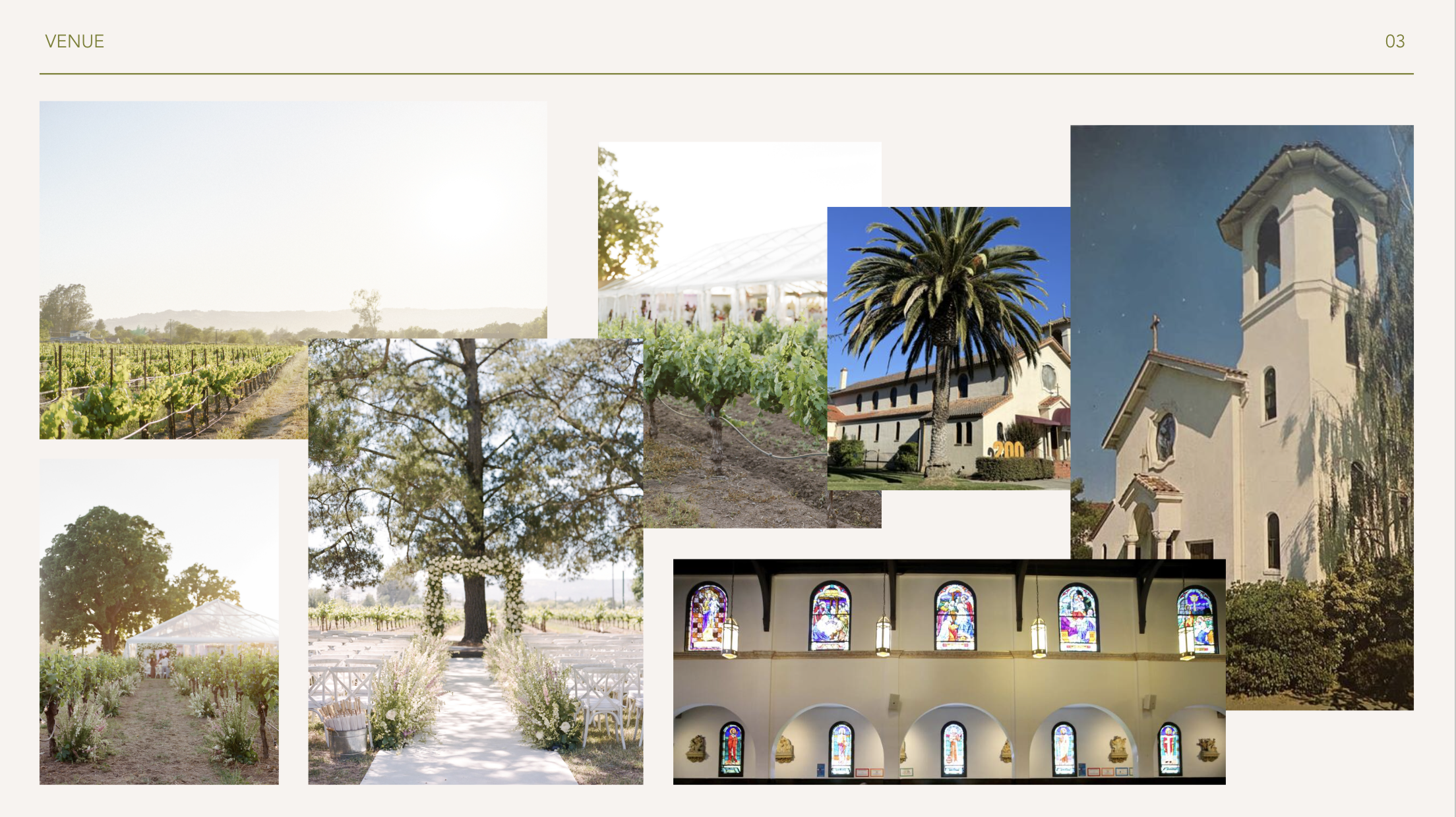 Collage of scenes from a vineyard and chapel including grapevines, a vineyard vineyard tent, a large tree, a church building with a palm tree, an interior view of a church with stained glass windows, and outdoor areas with seating and decorations for a wedding.