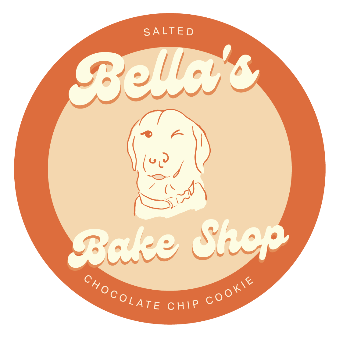 A circular logo for Bella's Bake Shop featuring a line drawing of a dog winking, with the brand name in large script font and the text 'Salted' at the top and 'Chocolate Chip Cookie' at the bottom.