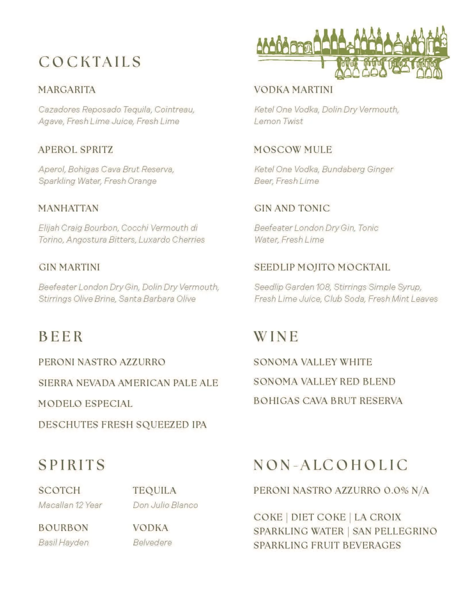 A menu listing various cocktails, beers, spirits, and wines with their ingredients and brands, along with a graphic of a bar with bottles and glasses at the top.
