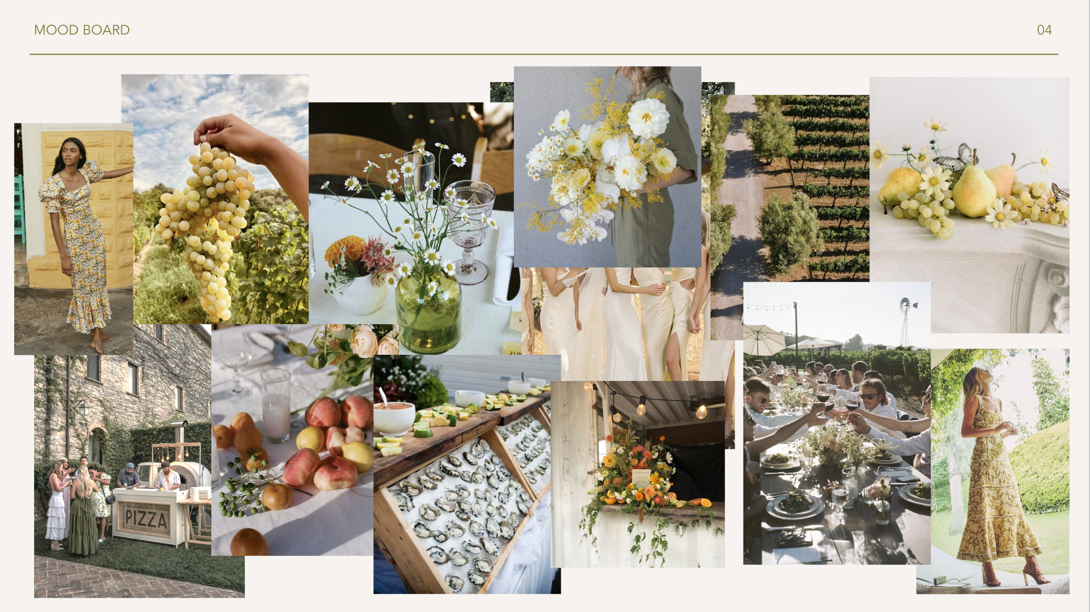 A collage of images from a garden party or outdoor celebration, including people in elegant dresses, flowers, table settings with food and drinks, a pizza stand, and garden scenery.