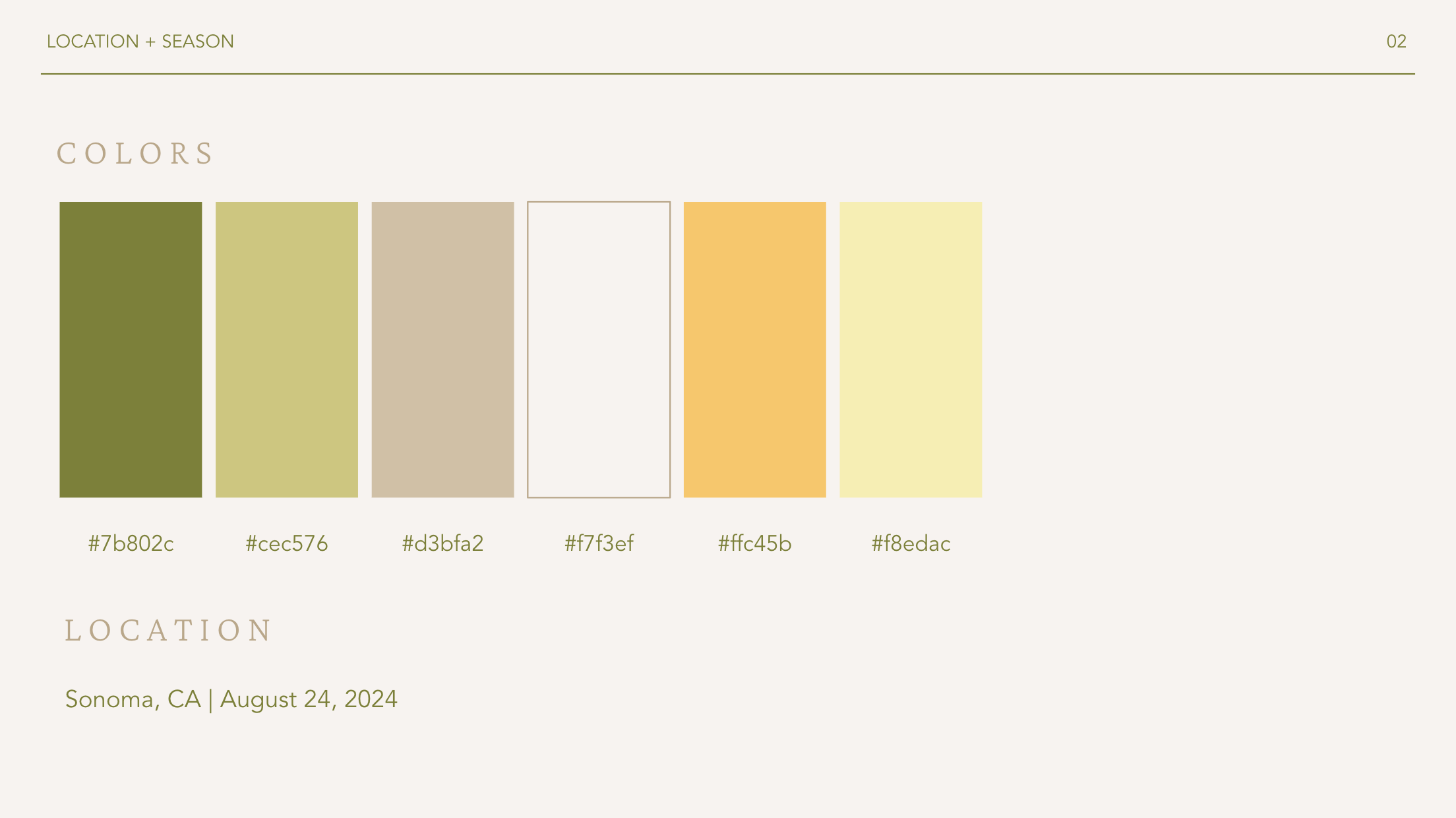 A color palette displaying six colors with their hex codes, titled "Colors", including shades of green, beige, white, yellow, and light yellow, with a location note for Sonoma, CA, dated August 24, 2024.