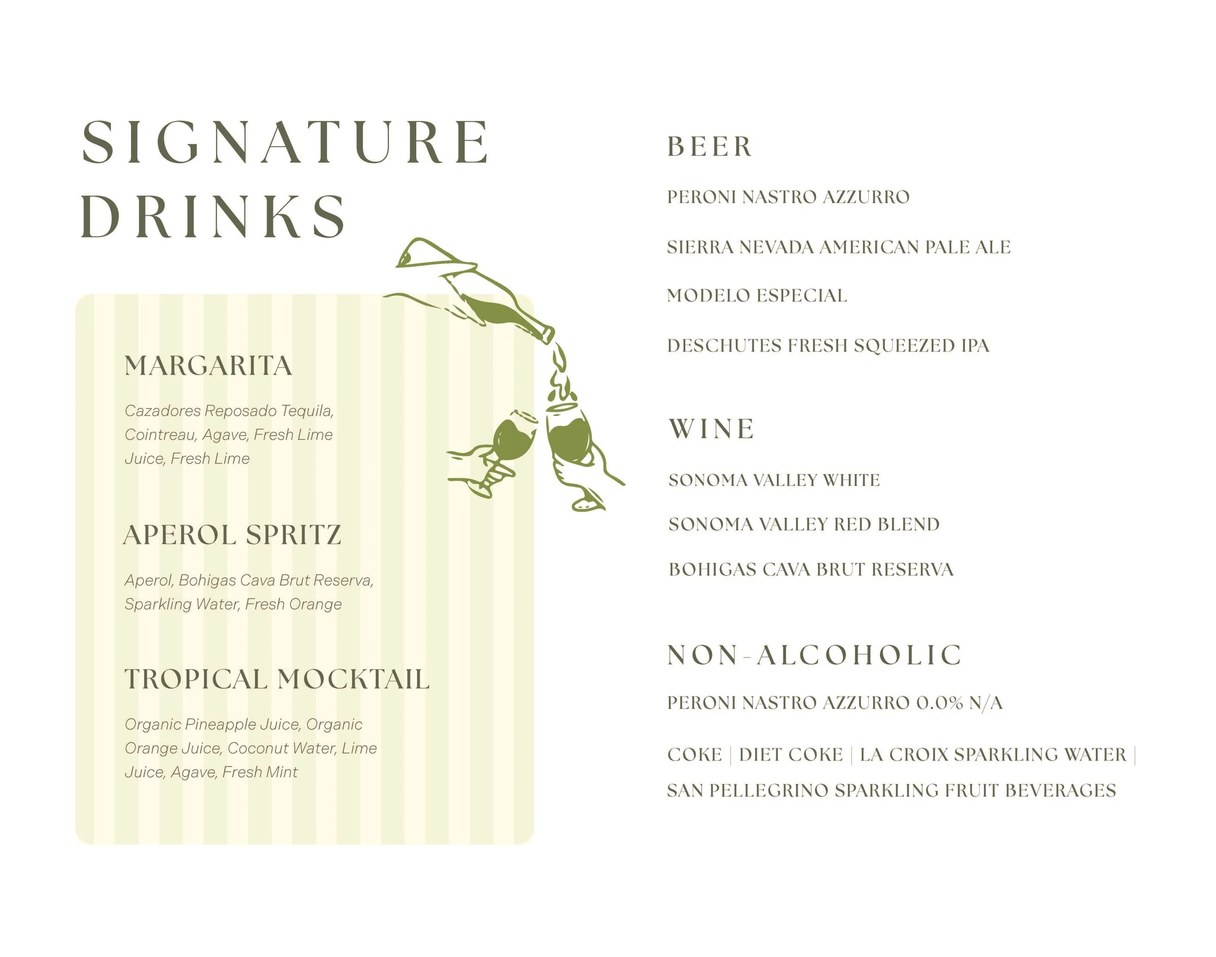 Menu featuring signature drinks including margarita, Aperol spritz, and tropical mocktail, with beer, wine, and non-alcoholic options listed.
