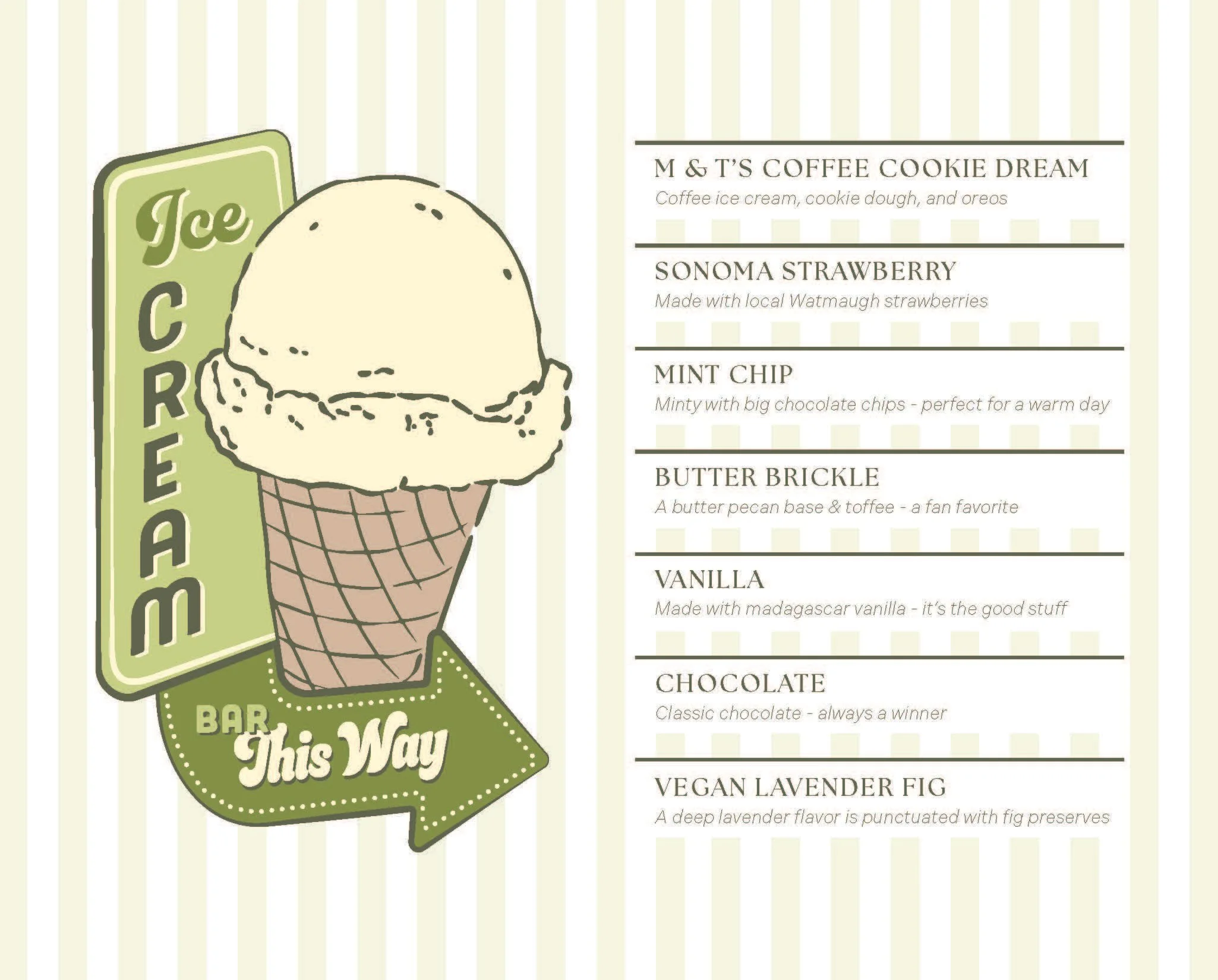 Menu for ice cream bar with a large ice cream cone and flavor options including coffee cookie dream, Sonoma strawberry, mint chip, butter brickle, vanilla, chocolate, and vegan lavender fig.