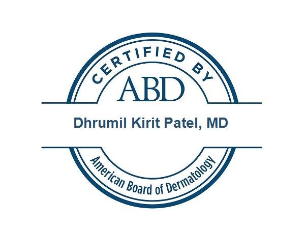 Seal that says Certified by American Board of Dermatology, Dhrumil Kirit Patel, MDy