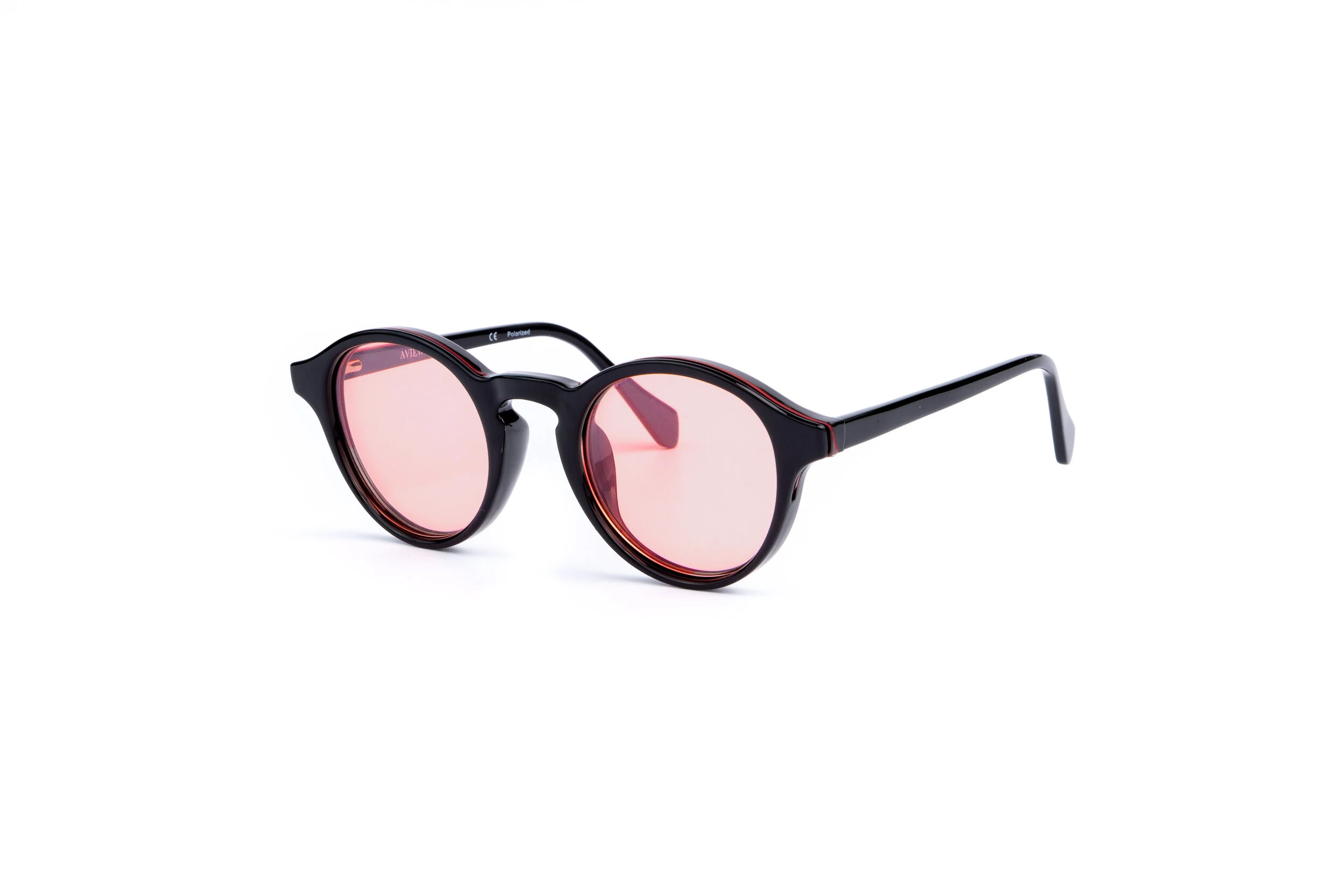 Black AVIEW frames with rose-tinted lenses, shown at an angle