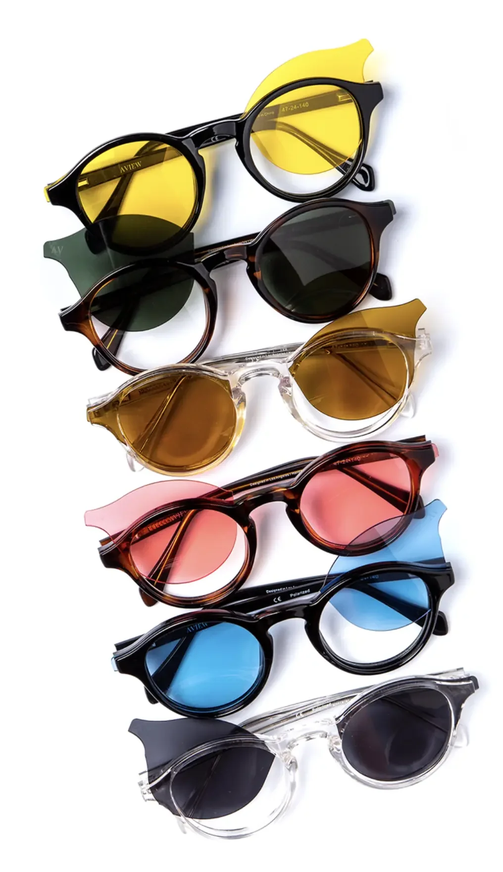 Six pairs of AVIEW sunglasses with different colored lenses stacked vertically on a white background.