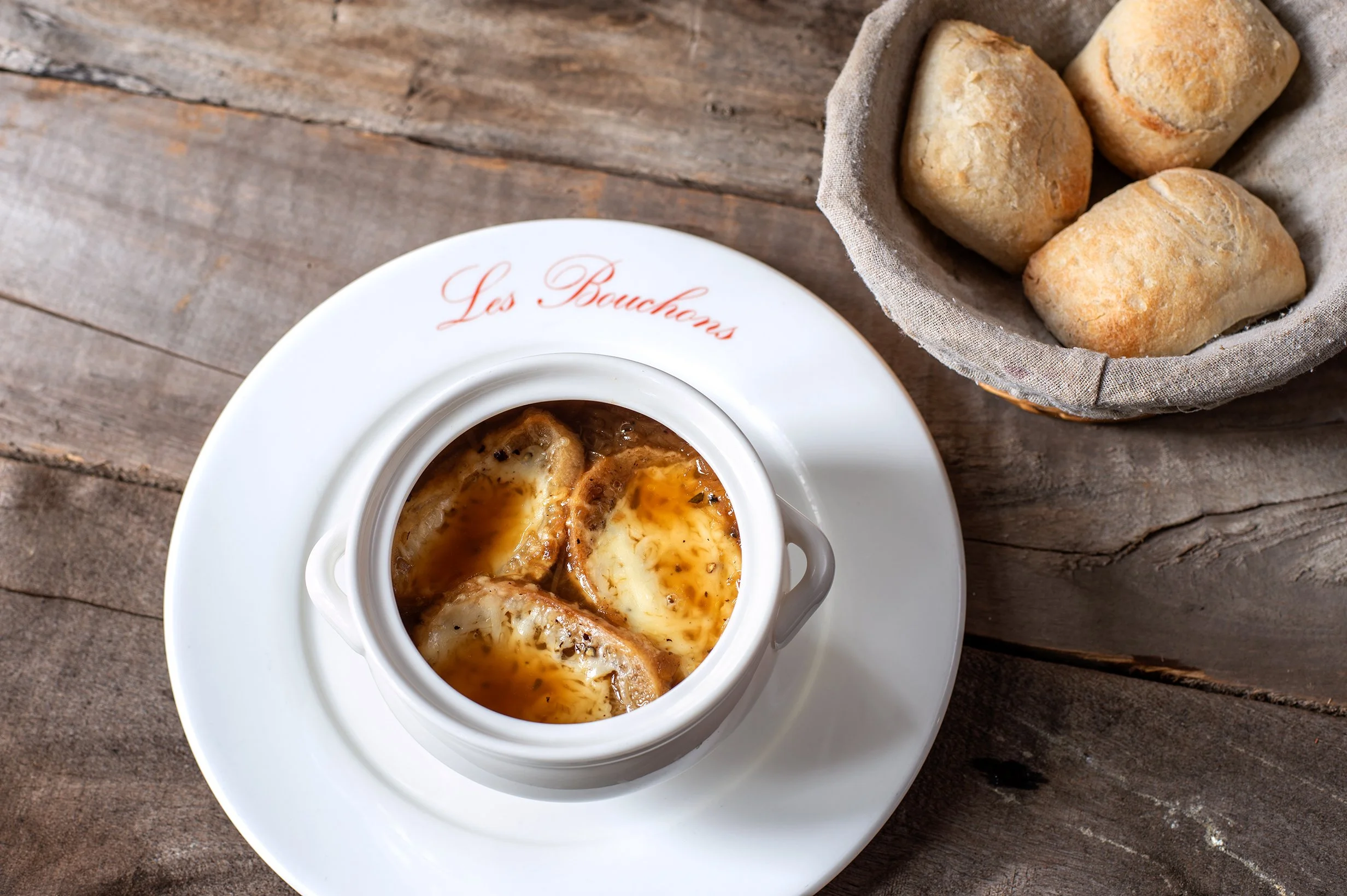 Homemade French Onion Soup, Emmental Cheese Croutons