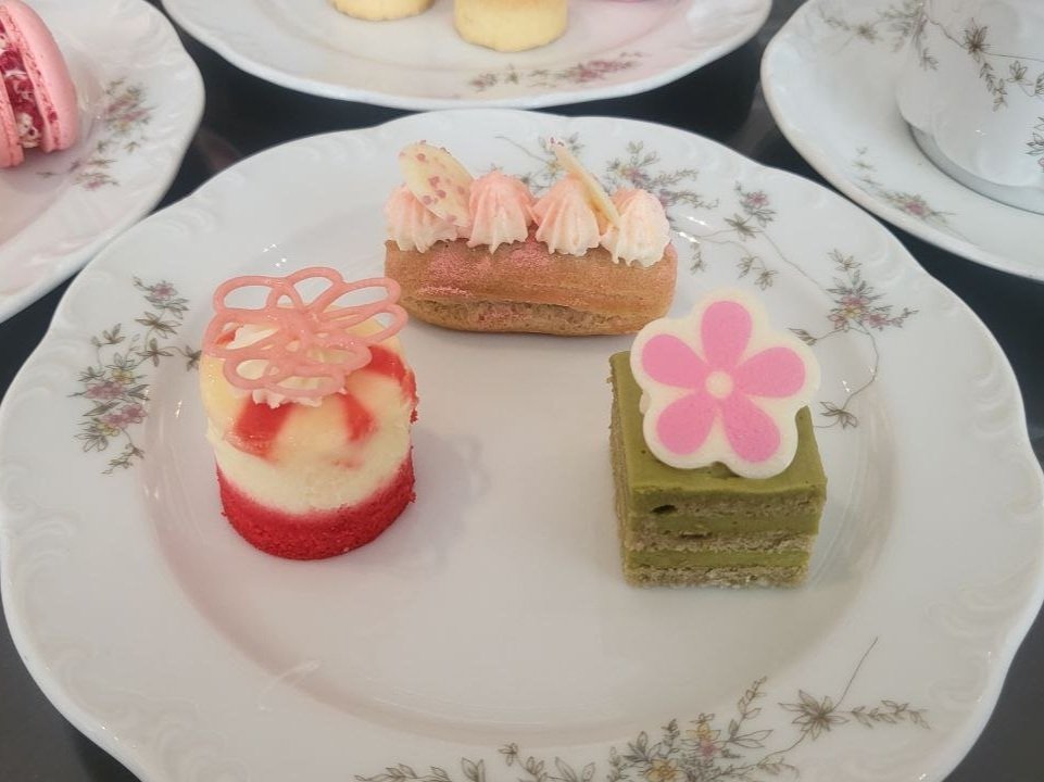 L to R: Red Velet Cheesecake, Raspberry Éclair, Pistachio Green Tea Opera Cake