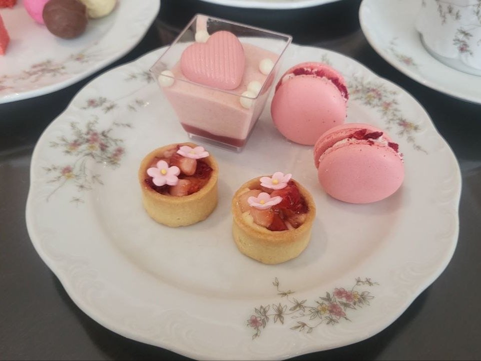 F to B: Strawberry Tart, Pink Macaron, Pink Guava Mousse Cup