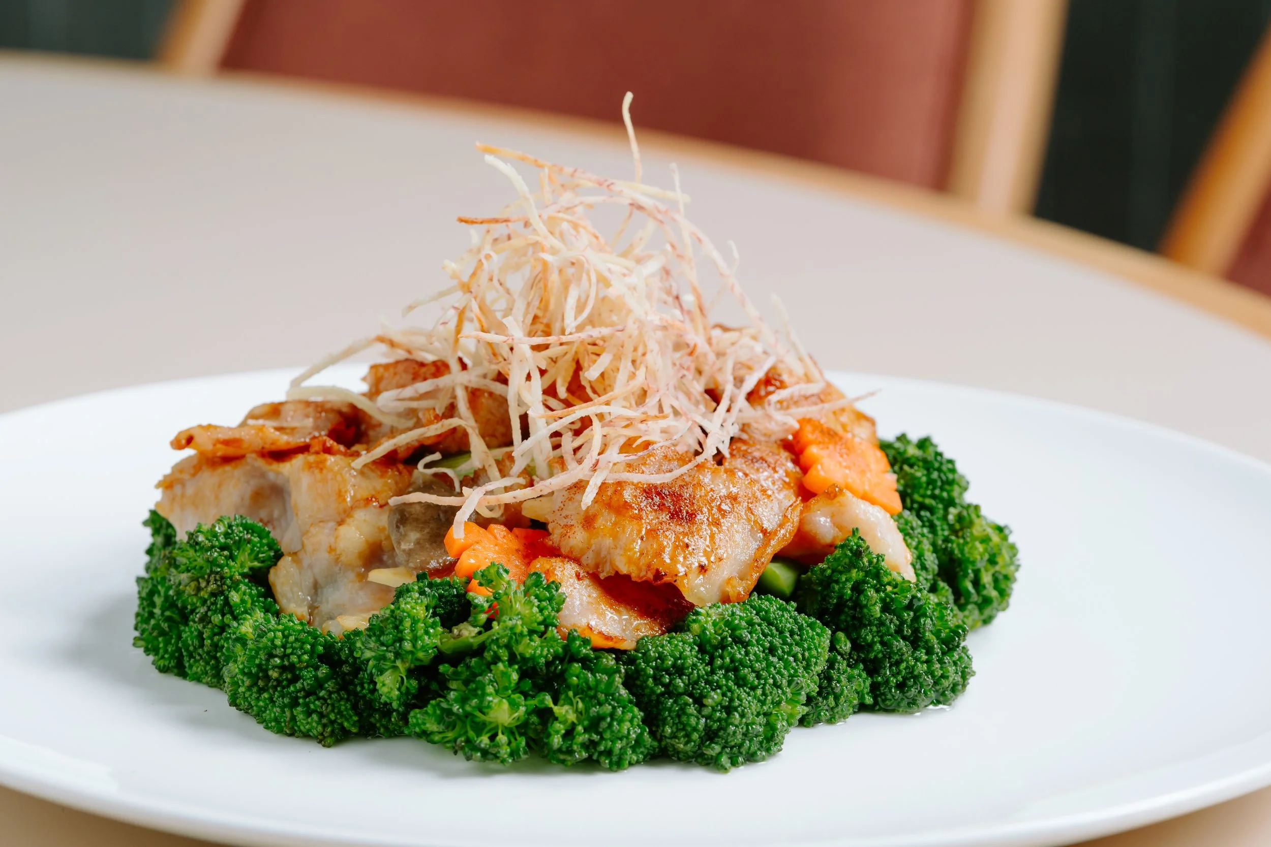 Sautéed Pork Jowl with Shrimp Roe & Taro Fritters served with Broccolini.jpg