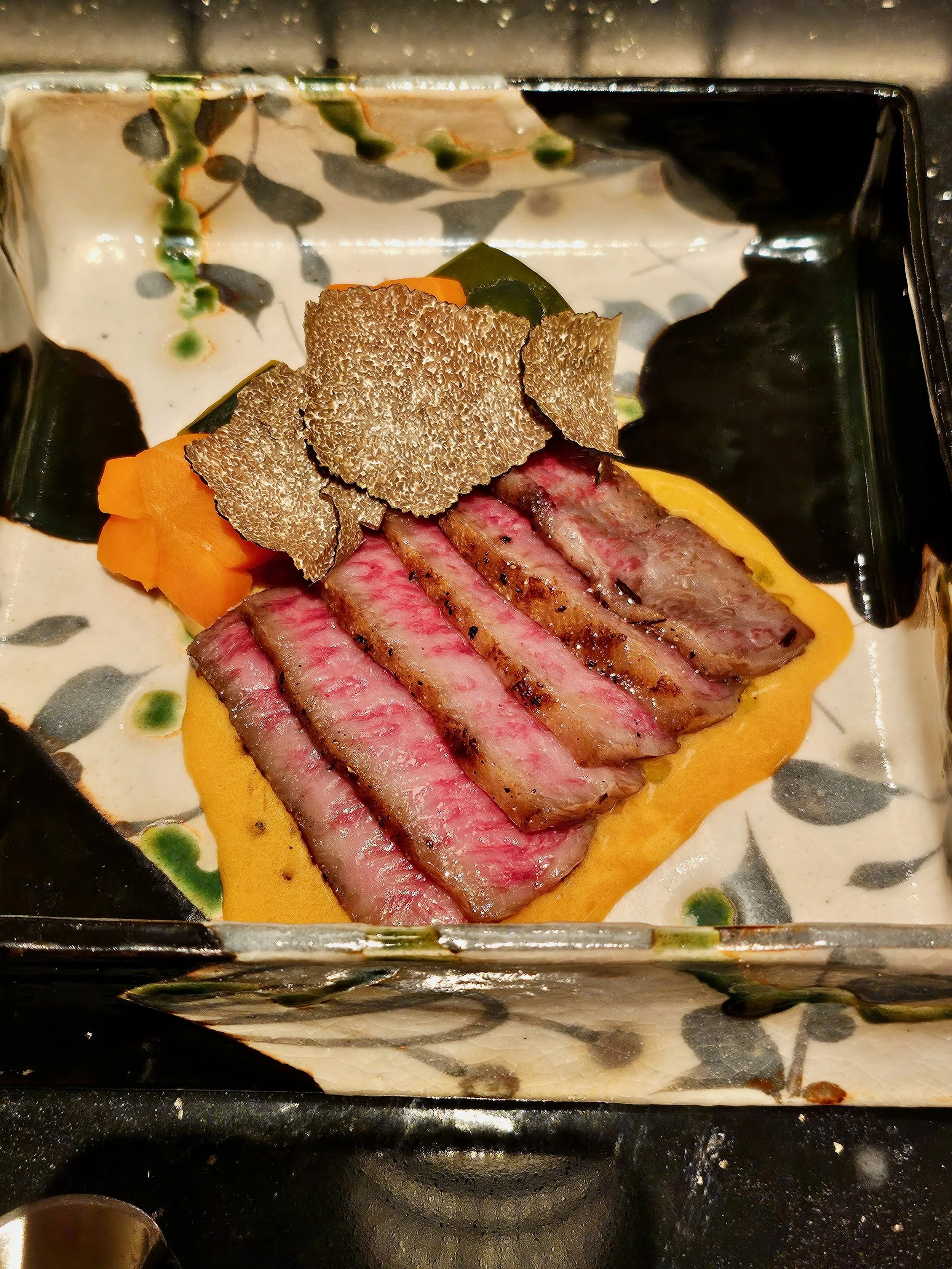 Kagoshima A5 Wagyu Sirloin Steak with Fresh White Truffle from Alba, Sukiyaki Sauce