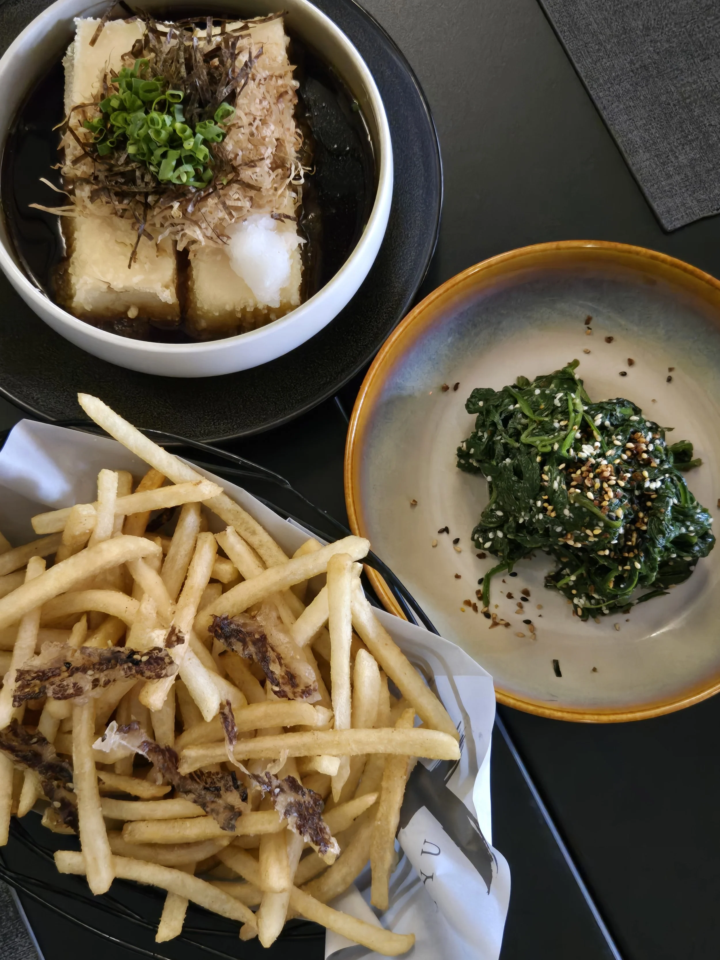 Sides: Beef Tallow Fries, Tofu, Spinach Salad