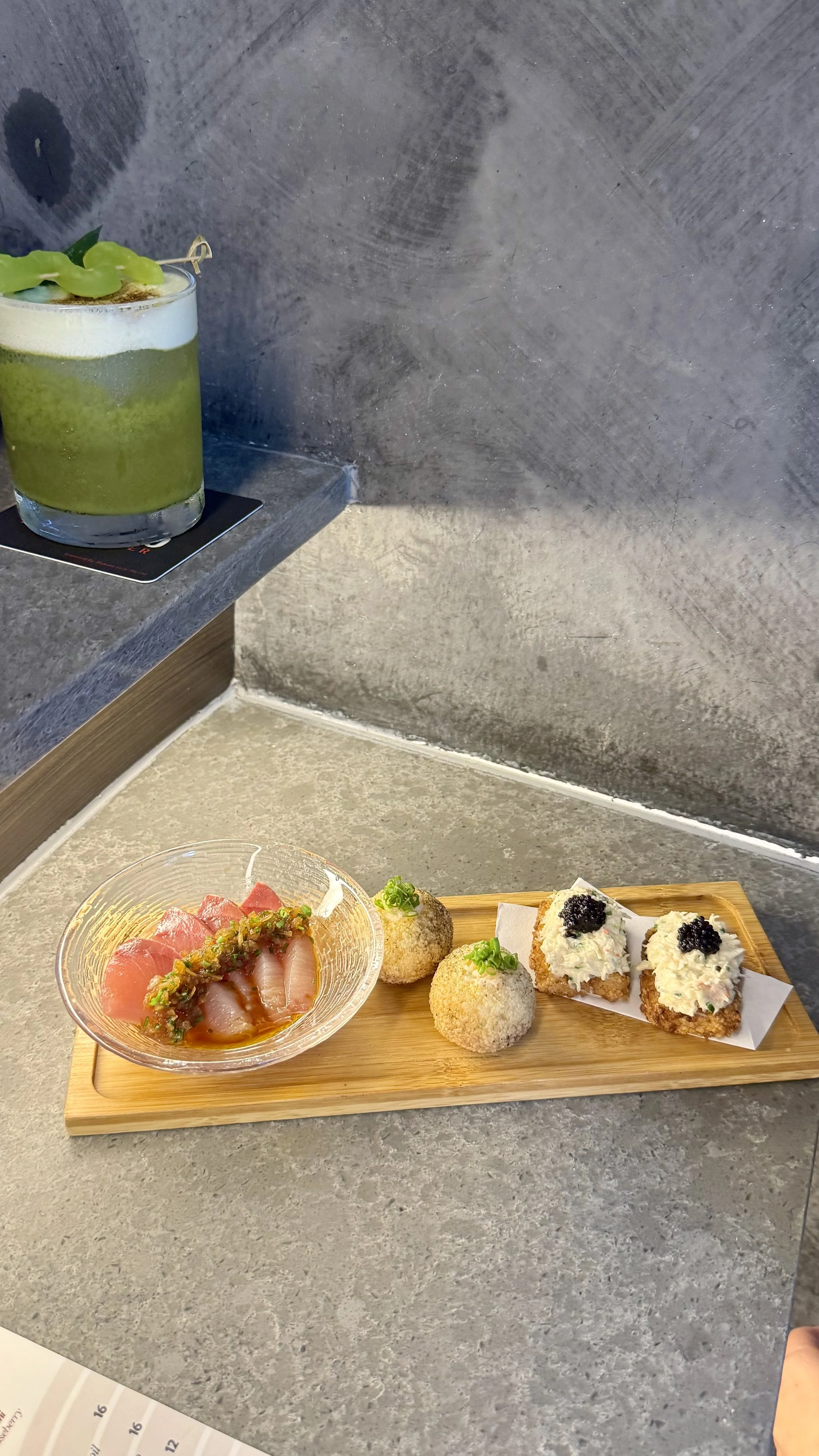 Hamachi Crudo, Ebi Poppers, Red Crab Crispy Sushi with Caviar