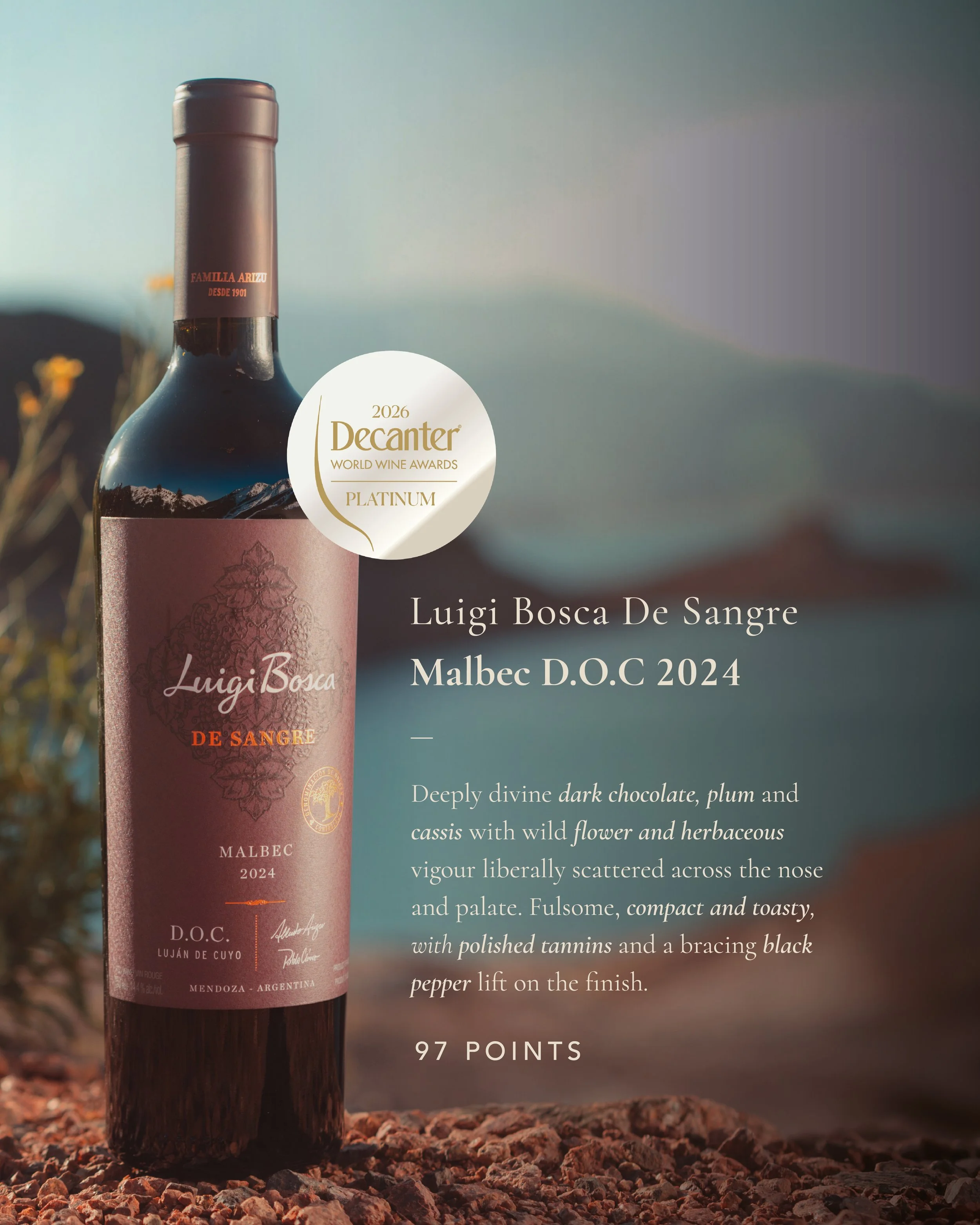 Luigi Bosca De Sangre Malbec D.O.C. Luján de Cuyo 2024 received 97 points and a Platinum Medal at the Decanter World Wine Awards 2026.