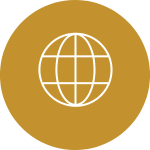 Icon of a globe on a gold circular background.