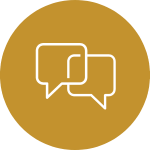 A brown circular icon with a white speech bubble containing three dots.