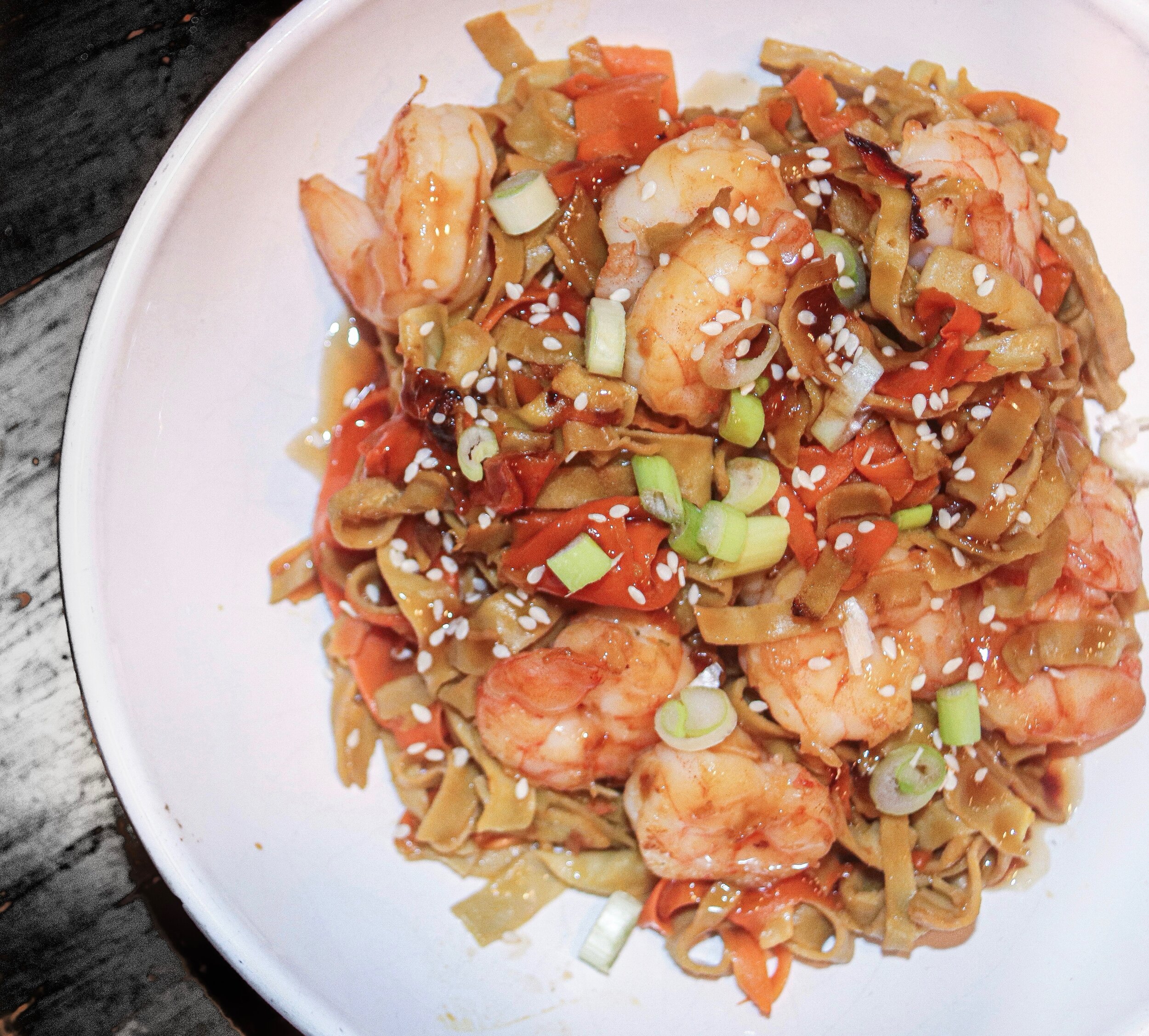 Teriyaki-Garlic Shrimp Edamame Noodles