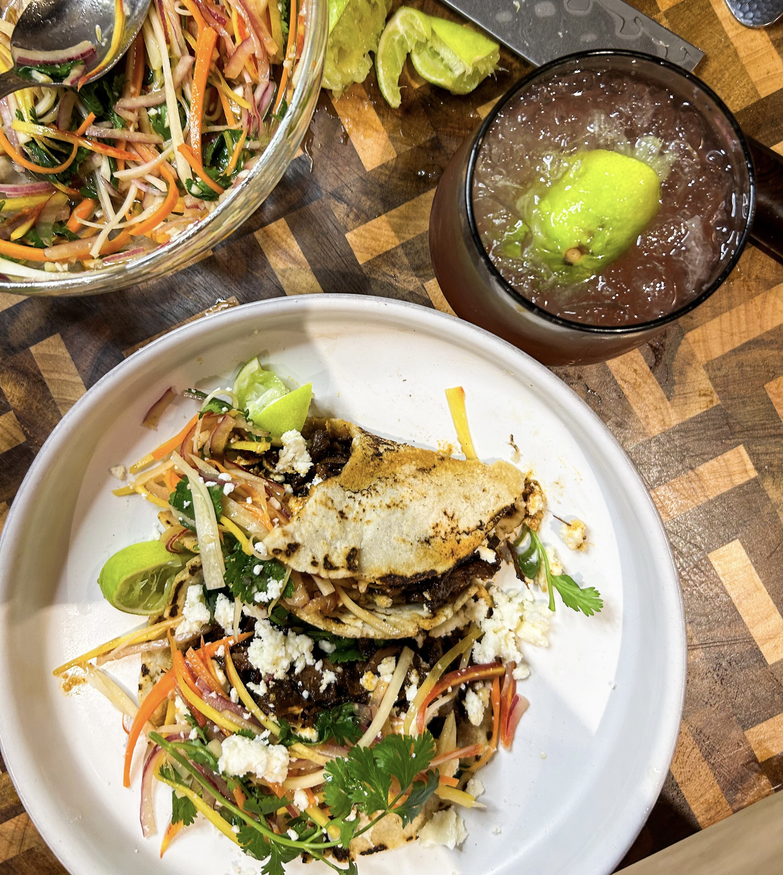 Cherry Wine Lamb Barbacoa With Carrot Slaw + Corn Tortillas