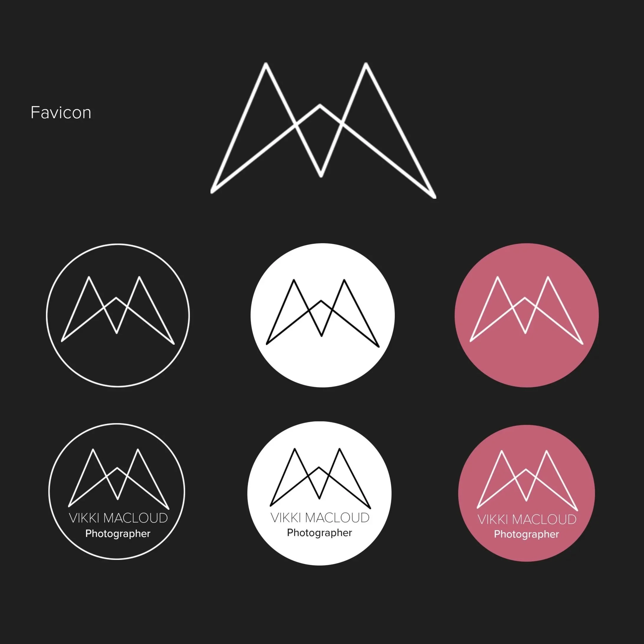 The image displays a collection of circular badges, each containing a geometric logo and the name 'Vikki MacLoud Photographer'. The badges have different background colors, including black, white, and pink, with the logo and text in contrasting colors.