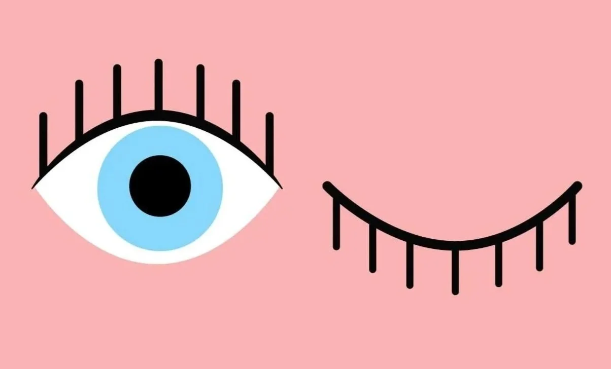 An illustration of a stylized eye with long eyelashes on a pink background - created by Tom Ellis
