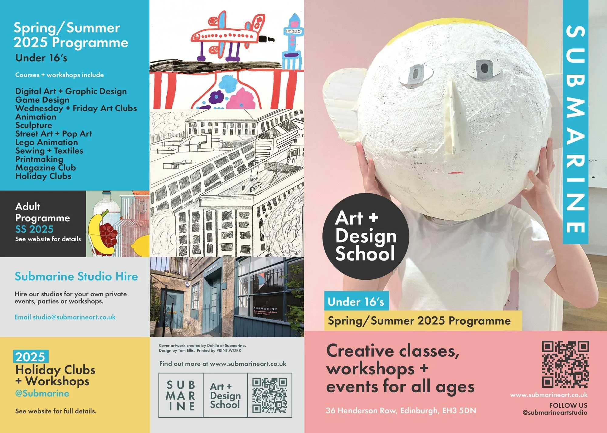 A colorful advertisement for Submarine Studio's Spring/Summer 2025 art and design courses for under 16s and adults, featuring drawings, a sculpture of a person with a paper mache animal head, and information about workshops, courses, and studio hire in Edinburgh.