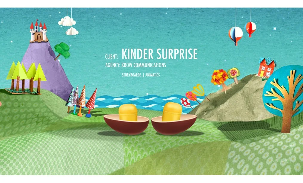 Treehouse 24 Storyboard visual work for Kinder Surprise (Ferrero) brand. Created by Tom Ellis for Krow Communications.