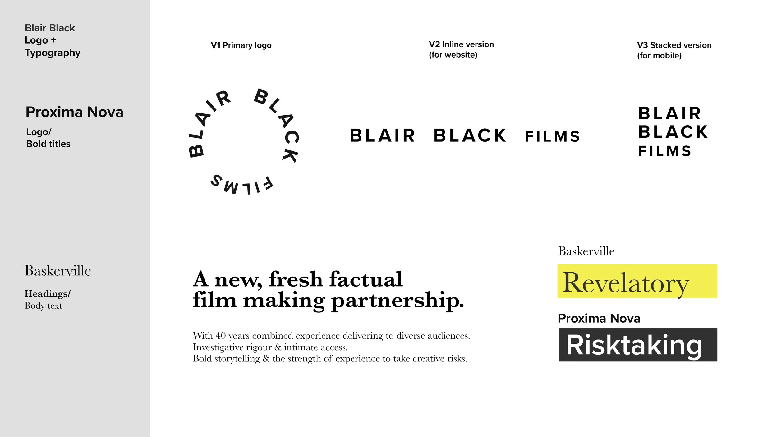 A presentation slide showing different logo styles for 'Blair Black Films,' including primary, inline, and stacked versions, with a highlighted word 'Revelatory' in yellow.