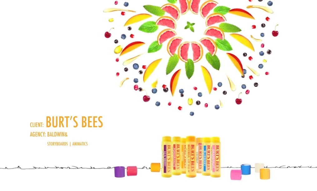 Colorful artistic design with slices of grapefruit, mint leaves, blueberries, cherries, and mango slices arranged in a circular pattern, with Burt's Bees lip balm tubes at the bottom and the text "Client: Burt's Bees Agency: Baldwin& Storyboards | Animatics" on the left.