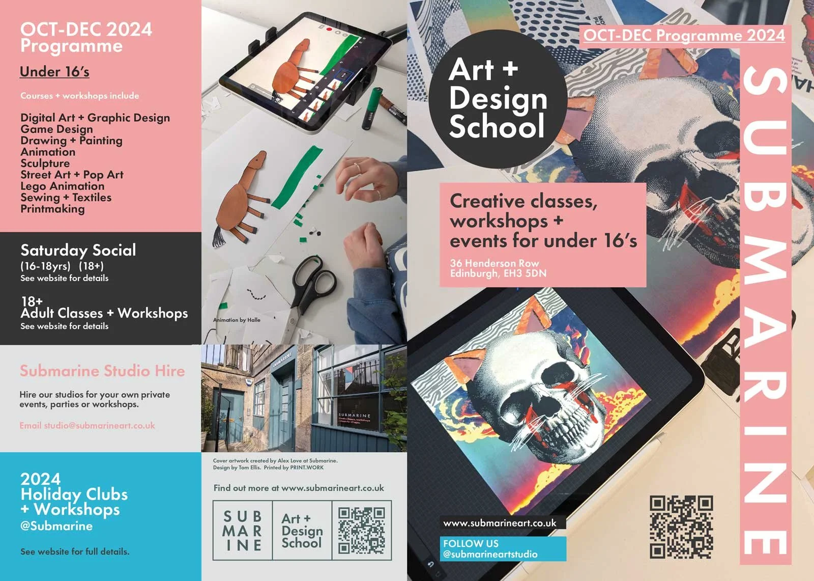 An advertisement for Submarine Studio's art and design school programs, including courses, workshops, and events for under 16s and adults, featuring images of art projects, a tablet with digital art, and location details in Edinburgh.