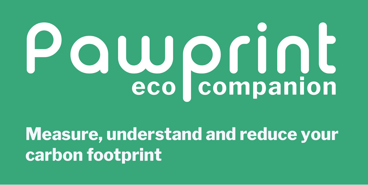 Green background with large white text reading "Pawprint eco companion" and smaller white text below stating "Measure, understand and reduce your carbon footprint."