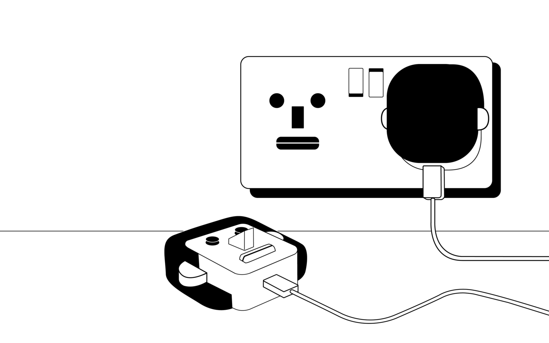 Black and white illustration of an electrical outlet with a cord plugged in, and a power strip on the floor connected to the outlet.