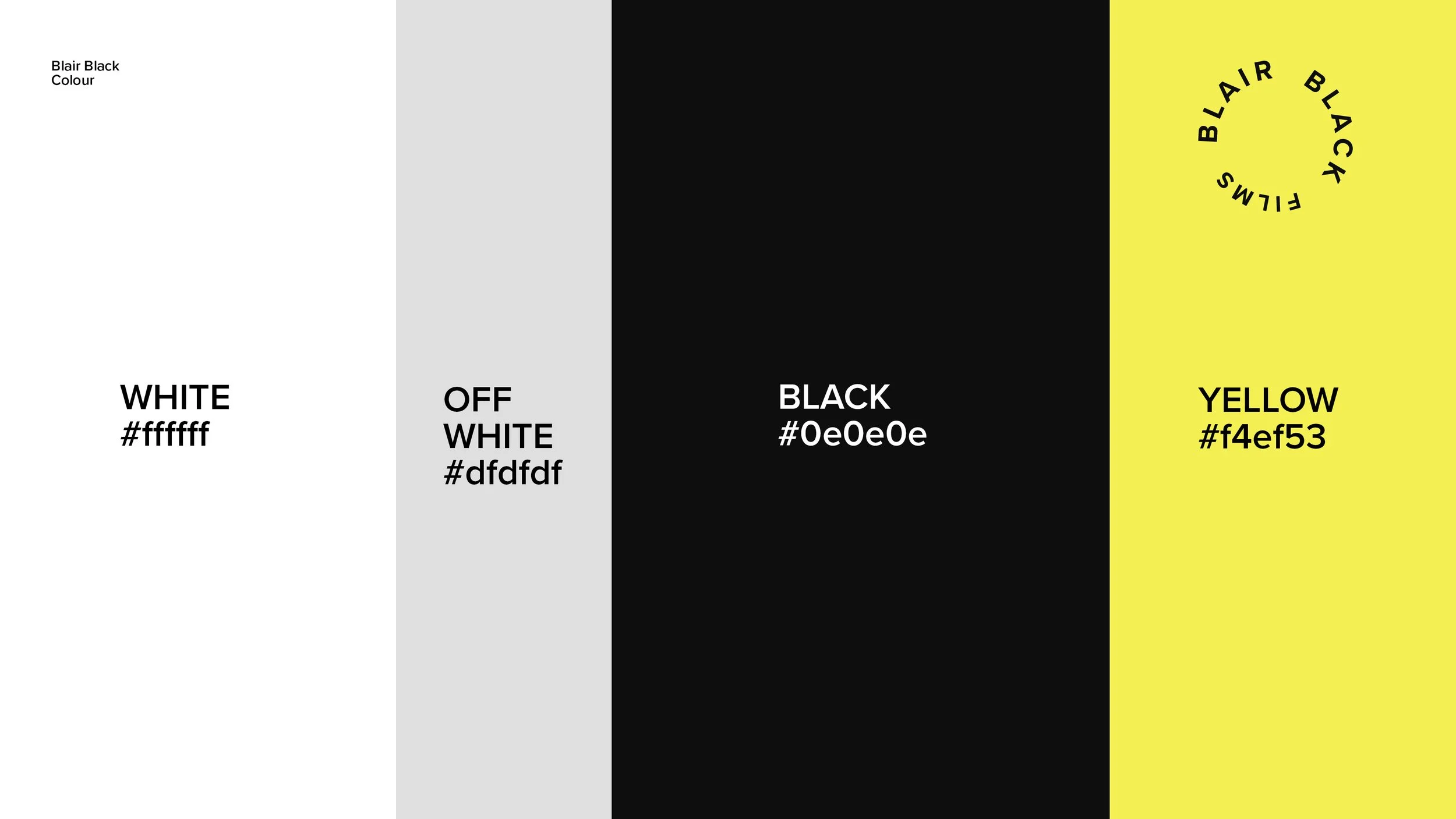 A color palette chart with four vertical strips: white, off-white, black, and yellow. Each strip contains the color name, hex code, and a sample of the color.