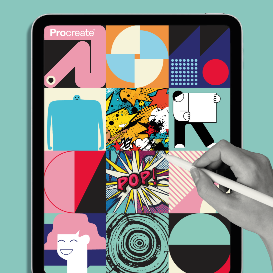 Tablet screen displaying a colorful collage of pop art images, including abstract designs, comic-style illustrations, and graphic patterns, with a hand drawing on it using a stylus.