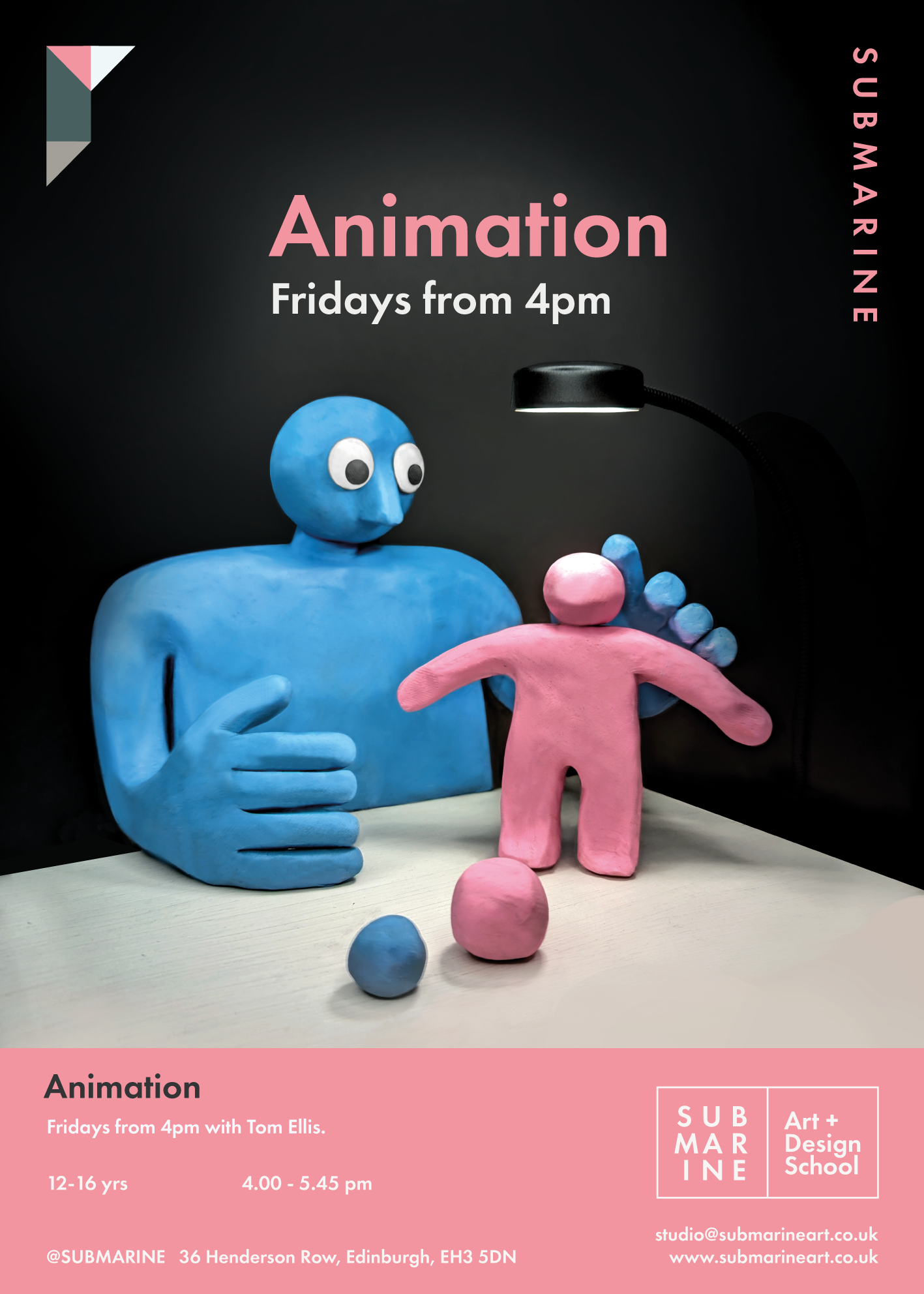 Poster advertising an animation class with puppet figures of a blue man giving a thumbs up and a pink figure with a larger pink sphere head, under a lamp. The poster includes details about class timings, age range, location in Edinburgh, and contact information.