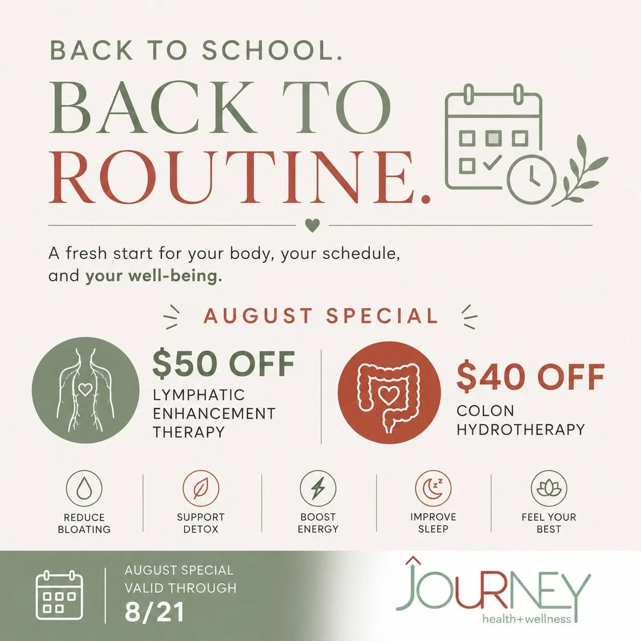 🍎 Back to School. Back to Routine. Back to Feeling Your Best.

Summer schedules are fun, but they can also leave your body feeling a little out of sync.

As the kids head back to school, it&rsquo;s the perfect time to reset your routine and support 