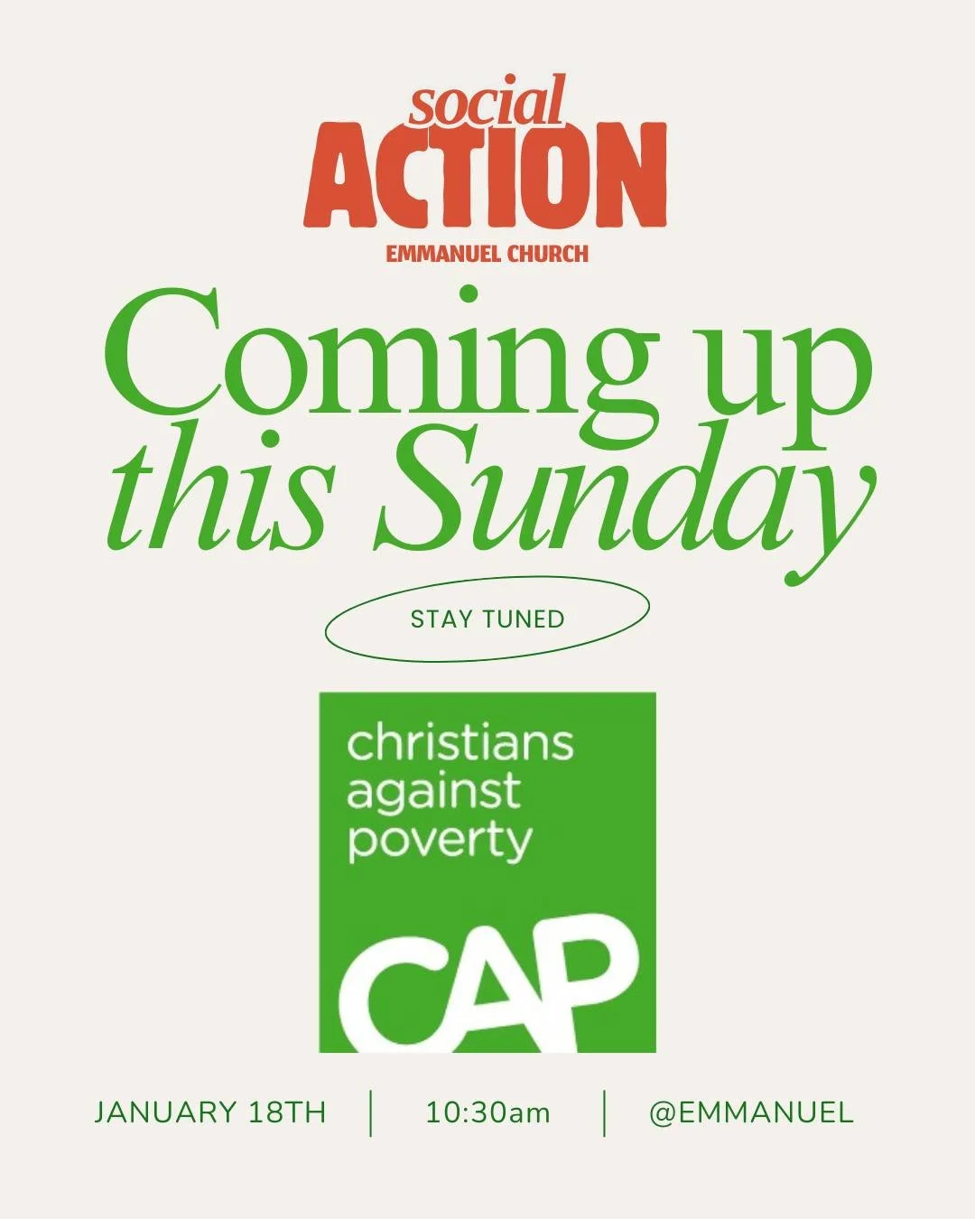 Coming up this Sunday at Emmanuel... CAP Sunday! We have the absolute joy of welcoming our friends from CAP to share about the amazing call of Jesus to serve the poor and love those around us. It's going to be a fantastic Sunday. Join us as we hear m