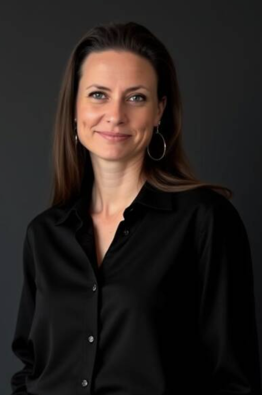 A woman with long brown hair, wearing a black button-up shirt and hoop earrings, smiling at the camera against a dark background.