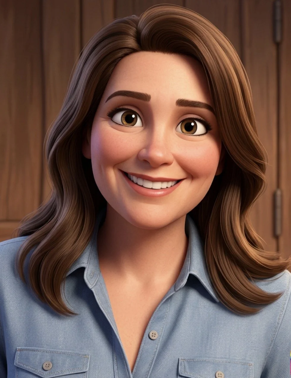 Animated woman with brown hair and brown eyes smiling, wearing a light blue button-up shirt, standing in front of a wooden background.