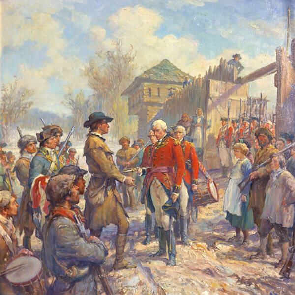 This painting depicts Henry Hamilton’s surrender to George Rogers Clark at Fort Sackville near Vincennes, IN. Hamilton’s surrender came after George Rogers Clark tomahawked four native men to death at the fort’s gate to intimidate the British.
