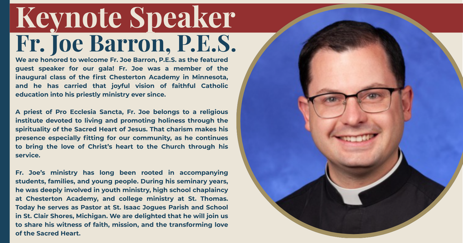 bio and image of Fr. Joe Barron P.E.S. as keynote speaker for the Valley of the Sacred Heart Academy's annual gala, October 24, 2026