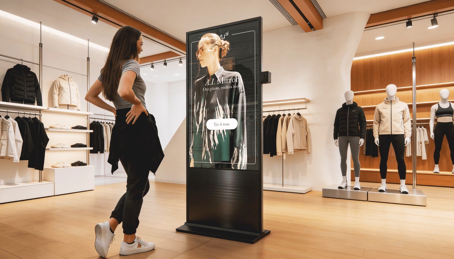 Vyu AI Try-On Mirror using generative AI for personalized virtual try-on in a fashion store