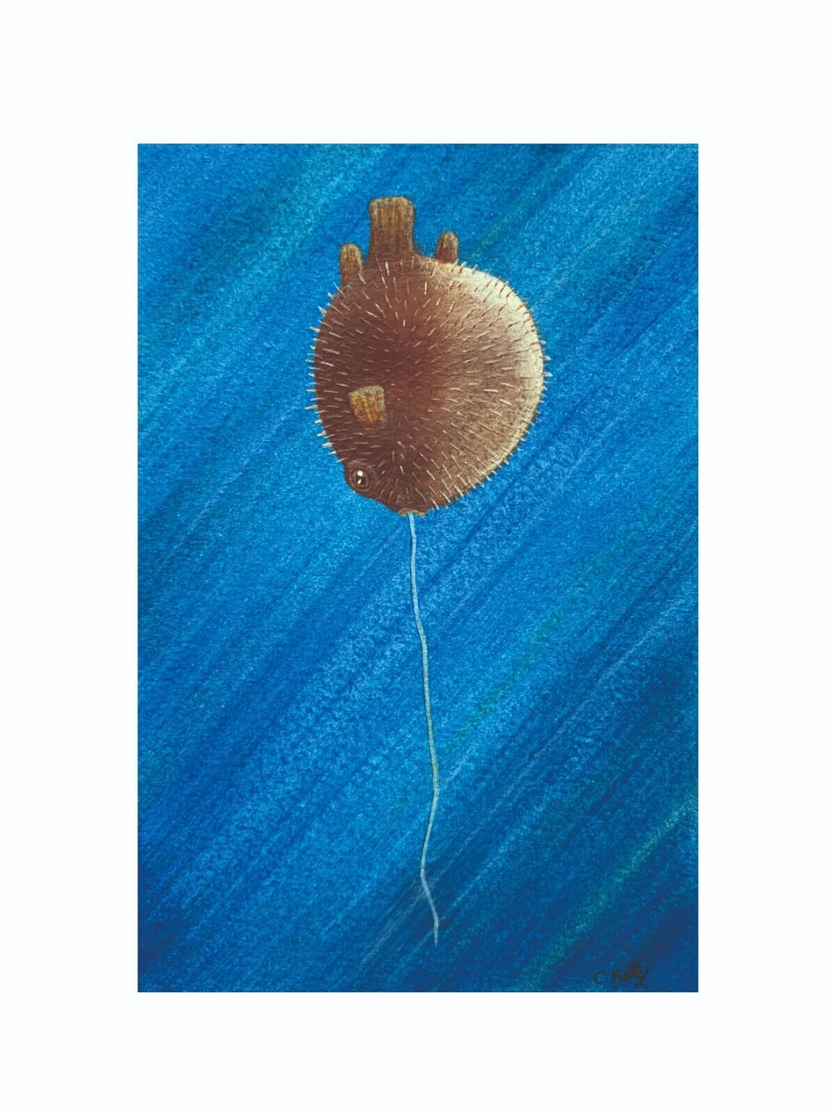 Close up image of a Pufferfish Balloon art plastic pollution print