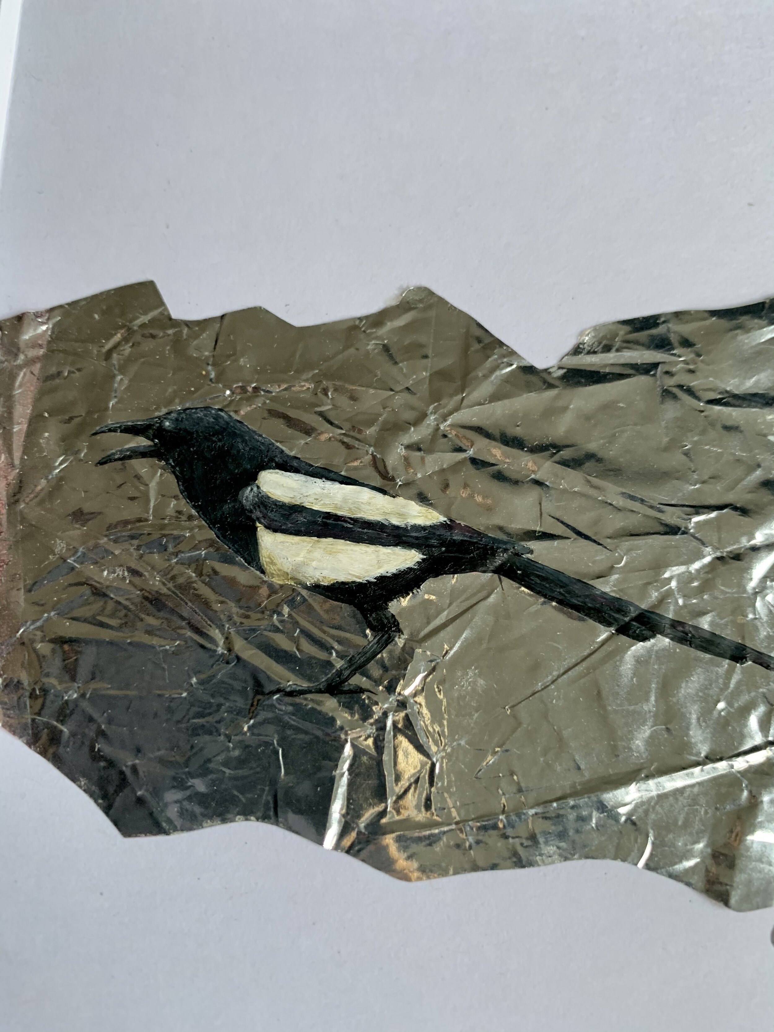 Close up of a Magpie painting on litter