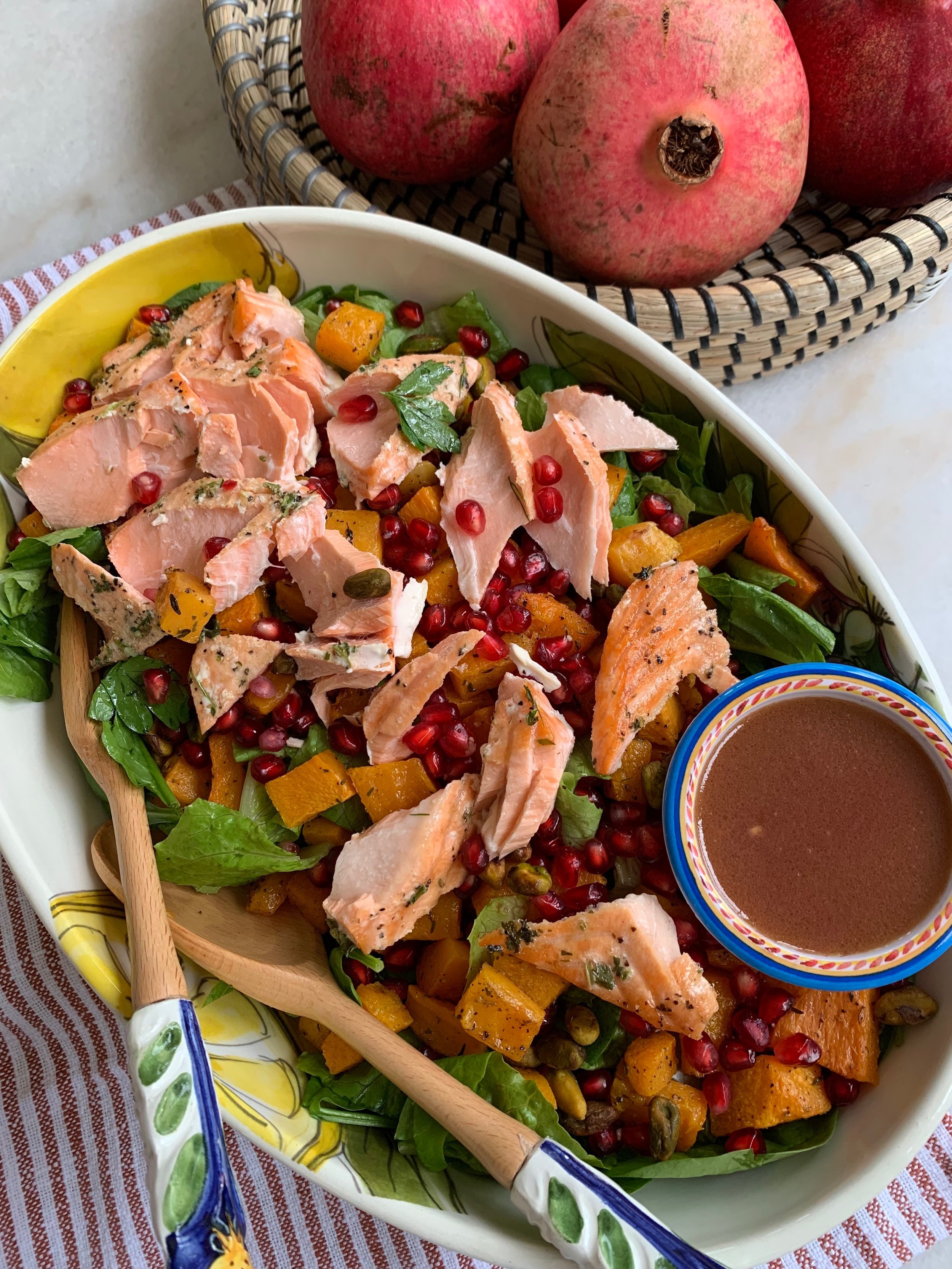 pomegranate pistachio squash salad with roasted salmon