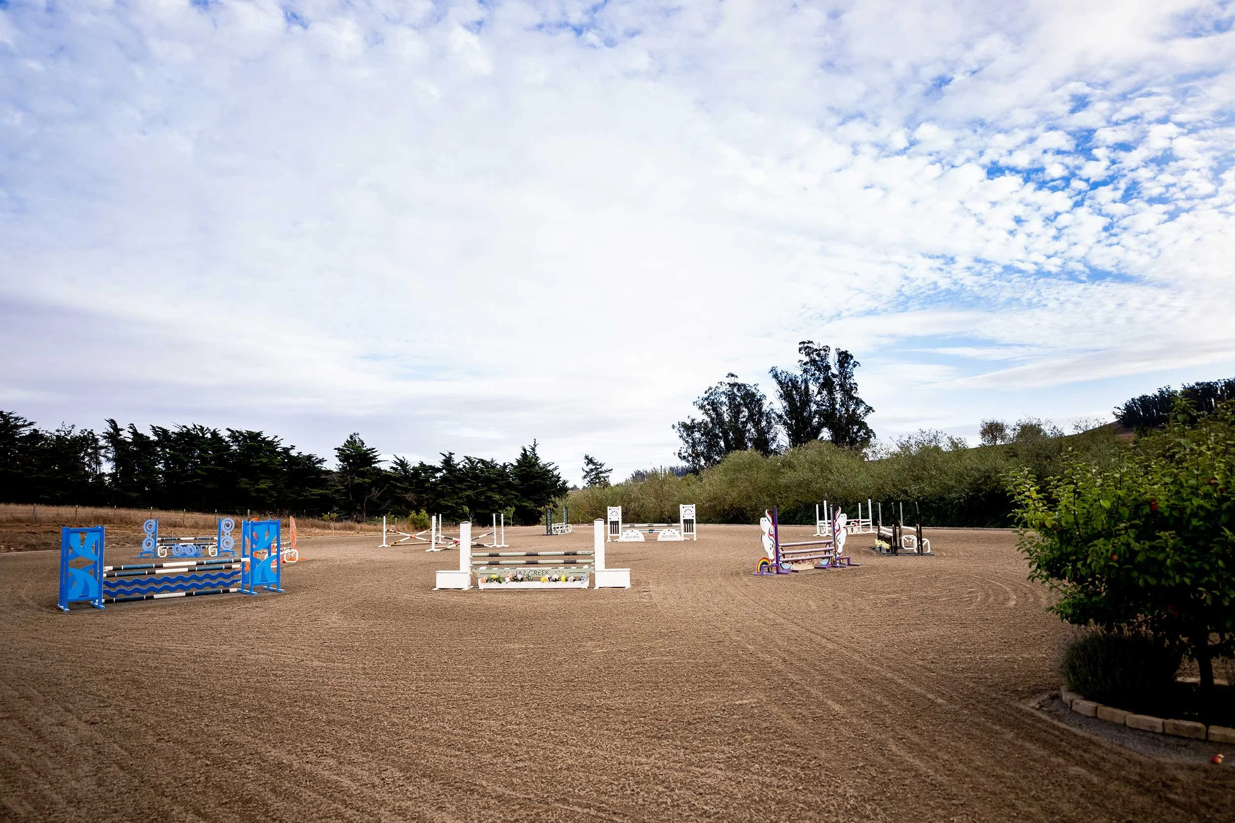 Outdoor arena set with colorful jumps and surrounded by greenery