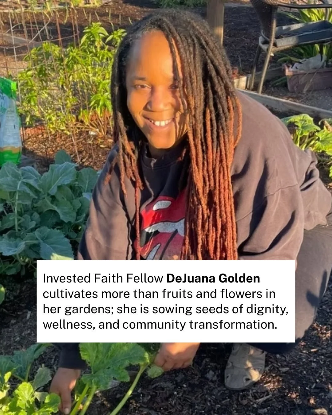 Spring has sprung, and it's the perfect time to spotlight our resident gardening expert Invested Faith Fellow DeJuana Golden (@dejuanainthegarden) who plants not only flowers and veggies, but seeds of hope and healing! 🌱

If you are in the Lakewood,