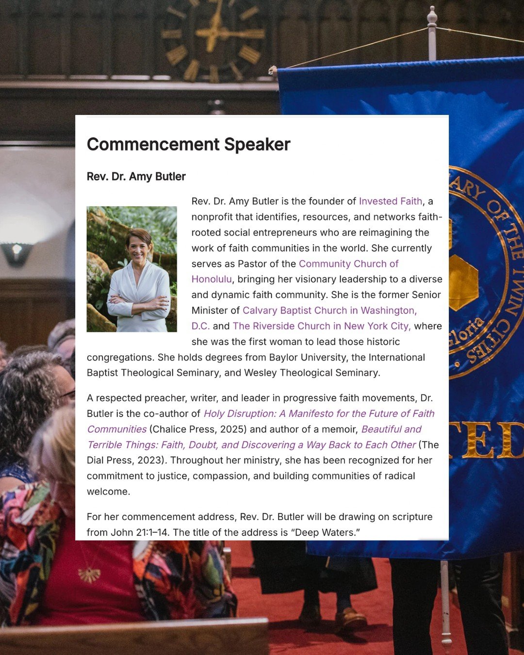 This Sunday, @pastoramybutler will give the commencement address at the 64th Commencement Exercises
of United Theological Seminary of the Twin Cities!

"Rev. Dr. Amy Butler is the founder of Invested Faith, a nonprofit that identifies, resources